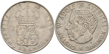 Швеция 1 крона 1953 TS, Густав VI Адольф (1950-1973) KM 826 серебро 4148-1135