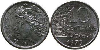 Бразилия 10 сентаво 1975 KM 578.1a, Schon 83b нержавеющая сталь UNC 4577-547