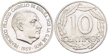 Испания 10 сентимо 1959 Франсиско Франко (1939-1975) KM 790 алюминий UNC 3718-266