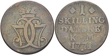 ДАНИЯ 1 СКИЛЛИНГ 1771 КМ, КРИСТИАН VII (1766-1808) KM 616 (С47) медь 111-1042