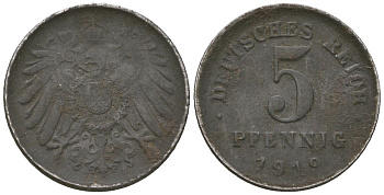 Германия 5 пфеннигов 1919 D KM 19, AKS 17, J 297, Schon DM 20, Neum 33 железо 4588-429