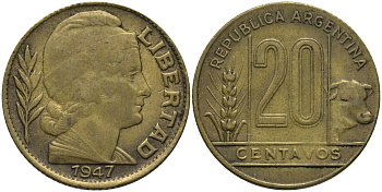 Аргентина 20 сентаво 1947 KM 42 алюминиевая бронза 4579-757