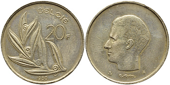 БЕЛЬГИЯ 20 ФРАНКОВ 1980 BELGIE, БОДУЭН I (1951-1993) KM 160 никель бронза 91-515