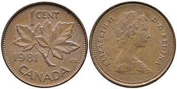 Канада 1 цент 1981 Елизавета II (1952-2022), кленовый лист KM 127 бронза 4528-748