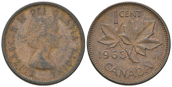 Канада 1 цент 1963 Елизавета II (1952-2022), кленовый лист KM 49 бронза 4164-622