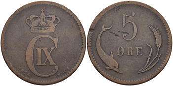 ДАНИЯ 5 ЭРЕ 1874 h KM 794.1 бронза 97-1133