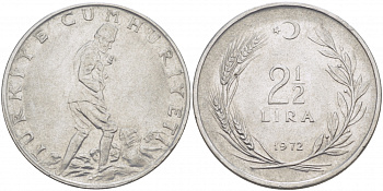 ТУРЦИЯ 2 1/2 ЛИРЫ 1972 KM 893.2 сталь 4179-116