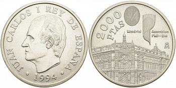 Испания 2000 песет 1994 Ассамблея Всемирного банка и МВФ в Мадриде KM 937 серебро UNC 1521-1212