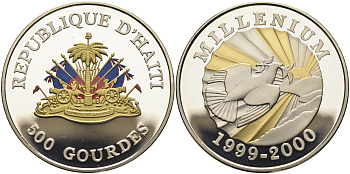 Гаити 500 гурдов 1999 Миллениуем, голубь мира, позолота, цветная эмаль KM 165 серебро PROOF 00-00