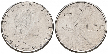 ИТАЛИЯ 50 ЛИР 1991 R КУЗНЕЦ KM 95.2 сталь 187-151