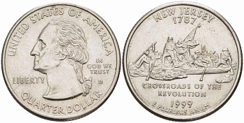 США 25 центов = квотер 1999 D, серия штаты США, Нью-Джерси KM 295 медь плакированная медно-никелем 4364-2632