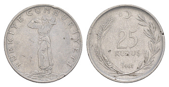 Турция 25 курушей 1961 KM 892.2 нержавеющая сталь 4648-655