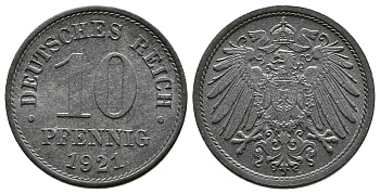 ГЕРМАНИЯ 10 ПФЕННИГОВ 1921 KM 26, J. 299 цинк 4380-241
