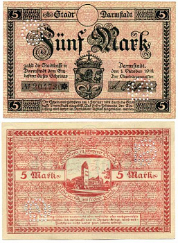 Германия, Дармштадт 5 марок 1918 - 1919 1 октября 1918 - 1 Февраля 1919, нотгельд, земля Гессен, водяной знак перепечатка, № номер снежинка, с перфорацией Geiger 092.03  бумага  UNC (пресс) 8613-32-2-1