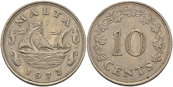 Мальта 10 центов 1972 баржа Великого магистра KM 11 медно-никель 82-623
