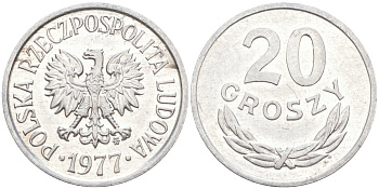 Польша 20 грошей 1977 MW KM A47 алюминий 3336-1147