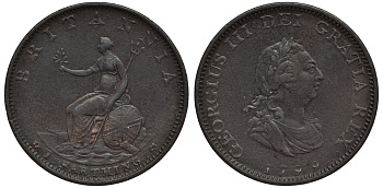 Великобритания 1 фартинг 1799 Георг III (1760-1820) KM 646, Spink 3779 медь 1523-844