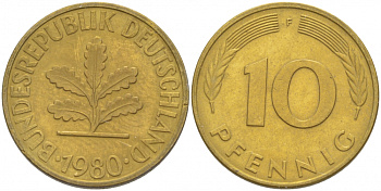ФРГ 10 ПФЕННИГОВ 1980 F KM 108, J.383 сталь плакированная латунью 3996-642
