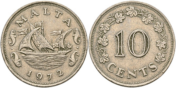 Мальта 10 центов 1972 баржа Великого магистра KM 11 медно-никель 4137-922
