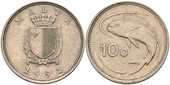 Мальта 10 центов 1991 золотая макрель KM 96 медно-никель 4588-225