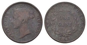 Стрейтс-Сетлментс (Стрейтс Сетлментс) 1 цент 1845 Виктория (1837-1901), год-тип KM 3 медь 4662-437