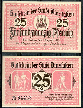 Германия, Динслакен 25 пфеннигов 1920 нотгельд, 1.8.1920 Tieste 1395/02 бумага UNC (пресс) 8614-45-3-2