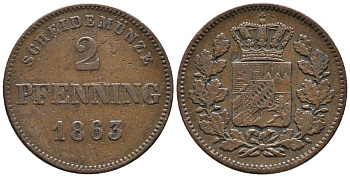 Бавария 2 пфеннига 1863 Максимилиан II (1848-1864) KM 472 медь 34-915