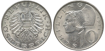 Австрия 10 шиллингов 1974 KM 2918 никель плакированный медно-никелем 4681-535