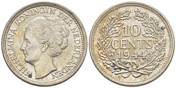 Нидерланды 10 центов 1944 Вильгельмина (1890-1948) KM 163 серебро aUNC 66-1243