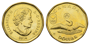 Канада 1 доллар 2014 XXII зимние Олимпийские Игры, Сочи 2014 - Лаки луни KM 1587 алюминиевая бронза UNC 108-613
