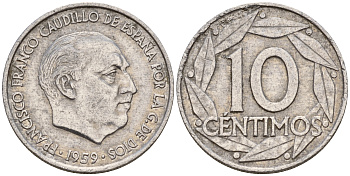 Испания 10 сентимо 1959 Франсиско Франко (1939-1975) KM 790 алюминий    4598-1166