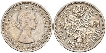 Великобритания 6 пенсов 1956 Елизавета II (1952-2022) KM 903, Spink 4149 медно-никель 4588-525