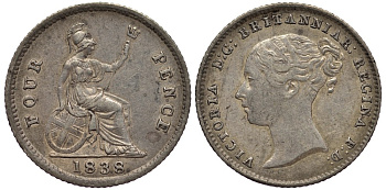 Великобритания 4 пенса 1838 Виктория (1837-1901) KM 731.1, Spink 3913 серебро 00-00