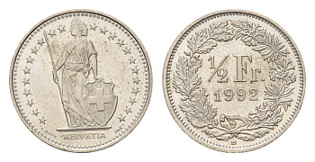 Швейцария 1/2 франка 1992 B KM 23a медно-никель 4685-864