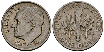 США 10 центов (дайм) 1967 Рузвельт KM 195a медь плакированная медно-никелем 4164-941