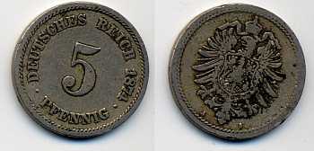 ГЕРМАНИЯ 5 ПФЕННИГОВ 1874 A, СТАРОГЕРБОВКА KM 3, J. 3 медно-никель 37-257