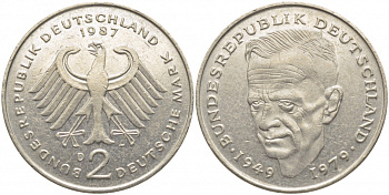 ФРГ 2 МАРКИ 1987 D, КУРТ ШУМАХЕР KM 149, J. 424 медно-никель плакированный никелем 3856-355