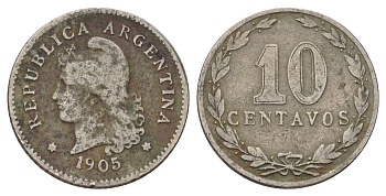 Аргентина 10 сентаво 1905 KM 35 медно-никель 44-1145