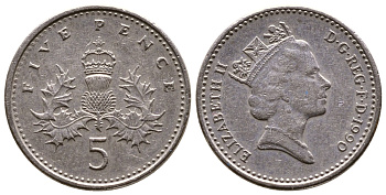 Великобритания 5 пенсов 1990 Елизавета II (1952-2022) KM 937b, Spink 4372 (D4) медно-никель 4383-148