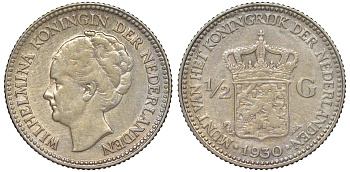 Нидерланды 1/2 гульдена 1930 Вильгельмина I (1890-1948) KM 160 серебро 25-2125