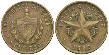 Куба 1 песо 1987 KM 105, Schoen A34 латунь 4114-1214