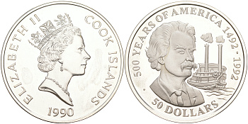 Острова Кука 50 долларов 1990 500 лет открытия Америки, Марк Твен (Сэмюэл Клеменс) KM 139 серебро PROOF 1074-7-21