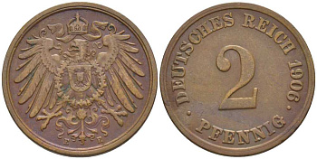 ГЕРМАНИЯ 2 ПФЕННИГА 1906 E KM 16, J. 11, Weege 4 медь 206-529