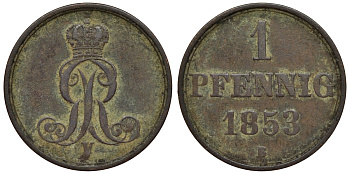 Ганновер 1 пфенниг 1853 B, Георг V KM 221, AKS 155, J. 83 медь 4594-525