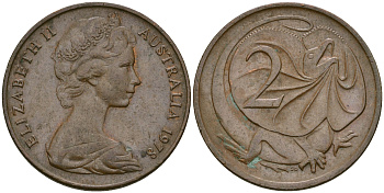 АВСТРАЛИЯ 2 ЦЕНТА 1978 ЕЛИЗАВЕТА II, МОЛОДОЙ ПОРТРЕТ, ПЛАЩЕНОСНАЯ ЯЩЕРИЦА (FRILLED LIZARD) KM 63 бронза 4364-1923