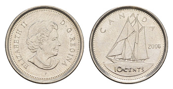 Канада 10 центов 2006 P, Елизавета II (1952-2022), парусник KM 492 сталь плакированная никелем UNC 4630-858