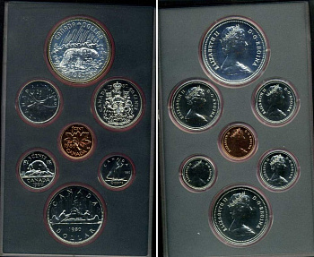 Канада набор из 7 монет 1980 в оригинальной пластиковой упаковке, 1 монета серебро, PROOF 7-5-2-21