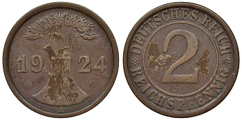 Германия 2 рейхспфеннига 1924 A KM 38, J. 314, Weege 4 бронза 4121-552