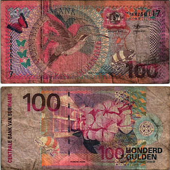 Суринам 100 гульденов 2000 колибри, цветок плюмерии Pick 149 бумага 6283-18-3-2