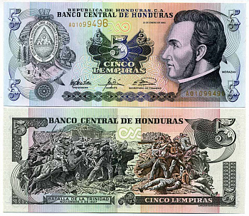 ГОНДУРАС 5 ЛЕМПИРА 2003 23 ЯНВАРЯ 2003, ФРАНСИСКО МОРАСАН, СЦЕНА БИТВЫ ЗА ТРИНИДАД Pick 85с бумага UNC (ПРЕСС) 6287-50-2-1